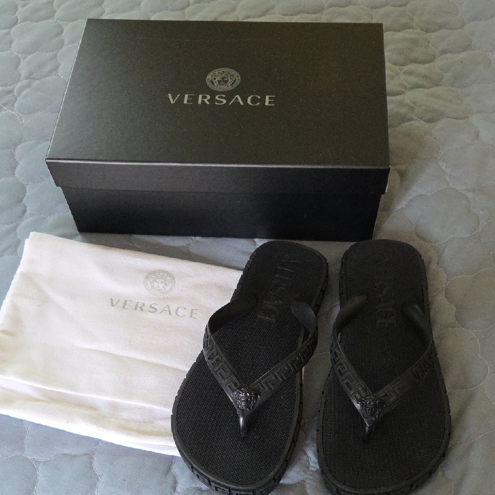 Versace Black Medusa Greek Key Flip Sandals